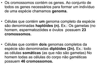 • Os cromossomos contém os genes. Ao conjunto de
  todos os genes necessários para formar um indivíduo
  de uma espécie chamamos genoma.

• Células que contém um genoma completo da espécie
  são denominadas haplóides (n). Ex.: Os gametas (no
  homem, espermatozóides e óvulos possuem 23
  cromossomos.

• Células que contém dois genomas completos da
  espécie são denominadas diplóides (2n). Ex.: todo
  as células somáticas (as que não são gametas) No
  homem todas as células do corpo não gaméticas
  possuem 46 cromossomos.
 