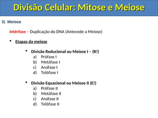 3) Meiose
Intérfase – Duplicação do DNA (Antecede a Meiose)
 Etapas da meiose
 Divisão Reducional ou Meiose I – (R!)
a) Prófase I
b) Metáfase I
c) Anáfase I
d) Telófase I
 Divisão Equacional ou Meiose II (E!)
a) Prófase II
b) Metáfase II
c) Anáfase II
d) Telófase II
Divisão Celular: Mitose e Meiose
Divisão Celular: Mitose e Meiose
 