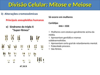 3) Alterações cromossômicas
Principais aneuploidias humanas
e) Síndrome do triplo X
“Super-fêmea”
Só ocorre em mulheres
Cariótipo
44A + XXX
o Mulheres com estatura geralmente acima da
média.
o Apresentam genitália e mamas
subdesenvolvidas.
o Apresentam certo gral de retardamento mental.
o Puberdade precoce.
o São férteis.
Divisão Celular: Mitose e Meiose
Divisão Celular: Mitose e Meiose
 