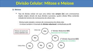 3) Meiose
 Tipo de divisão celular em que uma célula mãe sempre (2n) com cromossomos
duplos origina através de duas divisões sucessivas, quatro células filhas contendo
metade do número de cromossomos da célula mãe.
Diminui pela metade o número de cromossomos da célula mãe.
A mitose também é chamada de divisão reducional e simbolizada por R!
2Nd
Célula mãe
Células filhas Ns Ns
Nd
Ns Ns
Nd
Meiose só ocorre em
células diplóides (2n)
1ª divisão: Reducional (R!)
(Separação dos homólogos)
2ª divisão: Equacional (E!)
(Divisão das cromátides)
Divisão Celular: Mitose e Meiose
Divisão Celular: Mitose e Meiose
 
