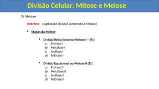 3) Meiose
Intérfase – Duplicação do DNA (Antecede a Meiose)
 Etapas da meiose
 Divisão Reducional ou Meiose I – (R!)
a) Prófase I
b) Metáfase I
c) Anáfase I
d) Telófase I
 Divisão Equacional ou Meiose II (E!)
a) Prófase II
b) Metáfase II
c) Anáfase II
d) Telófase II
Divisão Celular: Mitose e Meiose
Divisão Celular: Mitose e Meiose
 