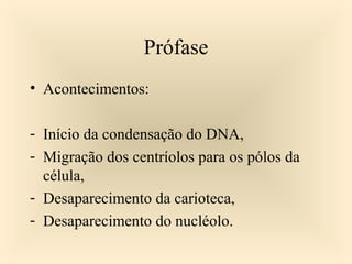 Prófase
• Acontecimentos:
- Início da condensação do DNA,
- Migração dos centríolos para os pólos da
célula,
- Desaparecimento da carioteca,
- Desaparecimento do nucléolo.
 