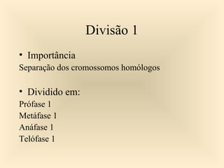 Divisão 1
• Importância
Separação dos cromossomos homólogos
• Dividido em:
Prófase 1
Metáfase 1
Anáfase 1
Telófase 1
 