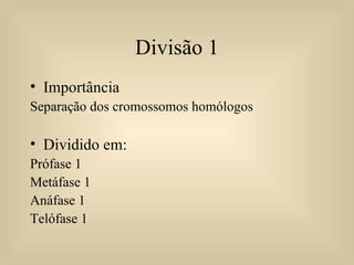 Divisão 1 Importância Separação dos cromossomos homólogos Dividido em: Prófase 1 Metáfase 1 Anáfase 1 Telófase 1 
