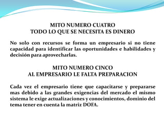 MITO NUMERO CUATROTODO LO QUE SE NECESITA ES DINERO No solo con recursos se forma un empresario si no tiene capacidad para identificar las oportunidades e habilidades y decisión para aprovecharlas.MITO NUMERO CINCOAL EMPRESARIO LE FALTA PREPARACIONCada vez el empresario tiene que capacitarse y prepararse mas debido a las grandes exigencias del mercado el mismo sistema le exige actualizaciones y conocimientos, dominio del tema tener en cuenta la matriz DOFA.