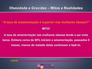 Obesidade e Gravidez – Mitos e Realidades


“A taxa de amamentação é superior nas mulheres obesas?”

                                   MITO!

 A taxa de amamentação nas mulheres obesas tende a ser mais
baixa. Embora cerca de 80% iniciem a amamentação, passados 6
     meses, menos de metade delas continuam a fazê-lo.




     FONTE: http://www.sciencedaily.com/releases/2011/12/111221105831.htm
 
