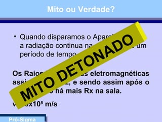 Pró-Sigma
Mito ou Verdade?
• Quando disparamos o Aparelho de RX
a radiação continua na sala durante um
período de tempo...
Os Raios X são ondas eletromagnéticas
assim com a luz, e sendo assim após o
disparo não há mais Rx na sala.
v = 3x108
m/s
MITO
DETONADO
 
