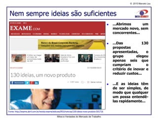 © 2015 Marcelo Lau
Nem sempre ideias são suficientes
Fonte: http://exame.abril.com.br/revista-exame/edicoes/953/noticias/130-ideias-novo-produto-501716
Mitos e Verdades do Mercado de Trabalho
 ...Abrimos um
mercado novo, sem
concorrentes...
 ...Das 130
propostas
apresentadas, o
grupo elegeu
apenas seis que
cumpriam o
critério de inovar e
reduzir custos...
 ...E as ideias têm
de ser simples, de
modo que qualquer
um possa entendê-
las rapidamente...
 