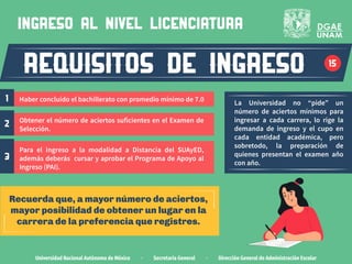 Universidad Nacional Autónoma de México · Secretaría General · Dirección General de Administración Escolar
requisitos de ingreso 15
ingreso al nivel LICENCIATURA
Haber concluido el bachillerato con promedio mínimo de 7.0
Obtener el número de aciertos suficientes en el Examen de
Selección.
Para el ingreso a la modalidad a Distancia del SUAyED,
además deberás cursar y aprobar el Programa de Apoyo al
Ingreso (PAI).
La Universidad no “pide” un
número de aciertos mínimos para
ingresar a cada carrera, lo rige la
demanda de ingreso y el cupo en
cada entidad académica, pero
sobretodo, la preparación de
quienes presentan el examen año
con año.
1
2
3
Recuerda que, a mayor número de aciertos,
mayor posibilidad de obtener un lugar en la
carrera de la preferencia que registres.
 