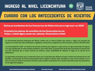 ingreso al nivel LICENCIATURA
La Universidad Nacional Autónoma de México cuenta con un marco jurídico que norma y regula sus procesos de
ingreso, los cuales han sido certificados y vigilados a través de sus órganos de control interno y externo ISO 9001:2015
La Universidad NO “pide” un número de aciertos mínimos para ingresar a cada carrera, lo rige la demanda de ingreso
y el cupo establecido en cada entidad académica, pero sobre todo, la preparación de quienes presentan el examen año
con año. Recuerda que a mayor número de aciertos, mayor posibilidad de obtener un lugar en la carrera de tu
preferencia.
Es importante mencionar que, la selección inicia con el aspirante que obtiene el mayor número de aciertos de los 120
posibles, continuando de manera descendente hasta asignar el último lugar ofertado en cada carrera-plantel, con el
que se conoce el número de aciertos mínimos. Estos puedes consultarlos en el cuadro informativo que te presentamos
en las siguientes páginas.
Universidad Nacional Autónoma de México · Secretaría General · Dirección General de Administración Escolar
Datos procedentes de los Concursos de Selección para ingresar en 2020
Consulta los planes de estudios de las licenciaturas en:
https:/
/www.dgae.unam.mx/planes/licenciatura.html
CUADRO CON LOS ANTECEDENTES DE ACIERTOS
22
 
