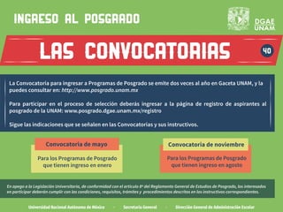 las convocatorias 40
ingreso al POSGRADO
Universidad Nacional Autónoma de México · Secretaría General · Dirección General de Administración Escolar
La Convocatoria para ingresar a Programas de Posgrado se emite dos veces al año en Gaceta UNAM, y la
puedes consultar en: http://www.posgrado.unam.mx
Para participar en el proceso de selección deberás ingresar a la página de registro de aspirantes al
posgrado de la UNAM: www.posgrado.dgae.unam.mx/registro
Sigue las indicaciones que se señalen en las Convocatorias y sus instructivos.
Convocatoria de noviembre
Para los Programas de Posgrado
que tienen ingreso en enero
Para los Programas de Posgrado
que tienen ingreso en agosto
Convocatoria de mayo
En apego a la Legislación Universitaria, de conformidad con el artículo 8º del Reglamento General de Estudios de Posgrado, los interesados
en participar deberán cumplir con las condiciones, requisitos, trámites y procedimientos descritos en los instructivos correspondientes.
 
