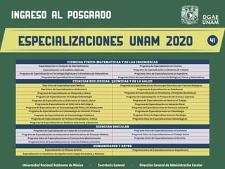 Universidad Nacional Autónoma de México · Secretaría General · Dirección General de Administración Escolar
41
ingreso al posgrado
ESPECIALIZACIONES UNAM 2020
CIENCIAS FÍSICO-MATEMÁTICAS Y DE LAS INGENIERÍAS
Programa de Especialización en Tecnología Digital para la Enseñanza de Matemáticas
Programa Único de Especializaciones en Ciencias Biológicas, Físicas y Matemáticas
Programa Único de Especializaciones en Ingeniería
Especialización en Estadística Aplicada
Especialización en Cómputo de Alto Redimiento
Programa de Especialización en Geotecnia
Programa de Especialización en Farmacia Hospitalaria y Clínica
Programa de Especialización en Bioquímica Clínica
Programa de Especialización en Enfermería Nefrológica
Programa Único de Especializaciones en Economía
Programa de Especialización en Enfermería en Salud Laboral
Programa de Especialización en Valuación Rural
Programa Único de Especializaciones en Ciencias Políticas y Sociales
Programa de Especialización en Estomatología Pediátrica
Programa de Especialización en Producción de Ovinos y Caprinos
Programa de Especialización en Endoperiodontología
Programa de Especialización en Estomatología en Atención Primaria
Programa de Especialización en Costos de la Construcción
Programa de Especialización en Estomatología del Niño y del Adolescente
Plan Único de Especializaciones Médicas
Programa Único de Especializaciones Odontológicas
Programa de Especialización en Instituciones Administrativas de Finanzas Públicas
Programa de Especialización en Ortodoncia
Programa de Especialización en Ortodoncia y Ortopedia Maxilofacial
Programa Único de Especializaciones en Ciencias de la Administración
Programa de Especialización en Medicina Veterinaria y Zootecnia
Programa de Especialización en Microscopía Electrónica en Ciencias Biológicas
CIENCIAS BIOLÓGICAS, QUÍMICAS Y DE LA SALUD
CIENCIAS SOCIALES
Programa de Especializaciones en Odontología
Programa de Especialización en Salud en el Trabajo
Programa Único de Especializaciones en Psicología
Programa de Especializaciones en Farmacia Industrial
Plan Único de Especialización en Enfermería
Programa Único de Especializaciones en Trabajo Social
Especialización en Historia del Arte
HUMANIDADES Y ARTES
Programa Único de Especializaciones en Derecho
Programa Único de Especializaciones en Arquitectura
Programa de Especialización en Puentes
Programa de Especialización en Sistemas de Calidad
Especialización en Enseñanza de Español como Lengua Extranjera, a distancia
 