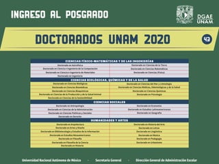 Universidad Nacional Autónoma de México · Secretaría General · Dirección General de Administración Escolar
43
ingreso al posgrado
DOCTORADOS UNAM 2020
Doctorado en Estudios Latinoamericanos
Doctorado en Economía
Doctorado en Ciencias Políticas y Sociales
Doctorado en Música
Doctorado en Geografía
Doctorado en Arquitectura
Doctorado en Ciencias de la Administración
Doctorado en Antropología
Doctorado en Historia del Arte
Doctorado en Lingüística
Doctorado en Filosofía de la Ciencia
Doctorado en Estudios Mesoamericanos
Doctorado en Derecho
Doctorado en Historia
Doctorado en Letras
Doctorado en Filosofía
Doctorado en Bibliotecología y Estudios de la Información
Doctorado en Artes y Diseño
Doctorado en Pedagogía
Doctorado en Urbanismo
CIENCIAS SOCIALES
HUMANIDADES Y ARTES
CIENCIAS FÍSICO-MATEMÁTICAS Y DE LAS INGENIERÍAS
Doctorado en Ciencias de la Tierra
Doctorado en Ciencias Matemáticas
Doctorado en Astrofísica
Doctorado en Ciencia e Ingeniería de Materiales
Doctorado en Ingeniería
Doctorado en Ciencias Biológicas
Doctorado en Ciencias Biomédicas
Doctorado en Ciencias (Física)
Doctorado en Ciencias del Mar y Limnología
Doctorado en Ciencia e Ingeniería de la Computación
Doctorado en Ciencias de la Sostenibilidad
Doctorado en Ciencias Bioquímicas
Doctorado en Psicología
Doctorado en Ciencias de la Producción y de la Salud Animal
Doctorado en Ciencias Médicas, Odontológicas y de la Salud
Doctorado en Ciencias Químicas
CIENCIAS BIOLÓGICAS, QUÍMICAS Y DE LA SALUD
 
