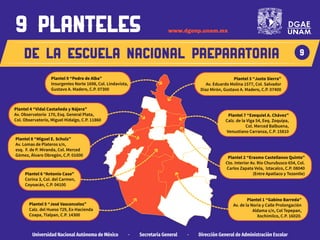 de la escuela nacional preparatoria
Universidad Nacional Autónoma de México · Secretaría General · Dirección General de Administración Escolar
9
9 planteles
Plantel 6 “Antonio Caso”
Corina 3, Col. del Carmen,
Coyoacán, C.P. 04100
Plantel 8 “Miguel E. Schulz”
Av. Lomas de Plateros s/n,
esq. F. de P. Miranda, Col. Merced
Gómez, Álvaro Obregón, C.P. 01600
Plantel 4 “Vidal Castañeda y Nájera”
Av. Observatorio 170, Esq. General Plata,
Col. Observatorio, Miguel Hidalgo, C.P. 11860
Plantel 9 “Pedro de Alba”
Insurgentes Norte 1698, Col. Lindavista,
Gustavo A. Madero, C.P. 07300
Plantel 5 “José Vasconcelos”
Calz. del Hueso 729, Ex-Hacienda
Coapa, Tlalpan, C.P. 14300
Plantel 3 “Justo Sierra”
Av. Eduardo Molina 1577, Col. Salvador
Díaz Mirón, Gustavo A. Madero, C.P. 07400
Plantel 7 “Ezequiel A. Chávez”
Calz. de la Viga 54, Eeq. Zoquipa,
Col. Merced Balbuena,
Venustiano Carranza, C.P. 15810
Plantel 2 “Erasmo Castellanos Quinto”
Cto. Interior Av. Río Churubusco 654, Col.
Carlos Zapata Vela, Iztacalco, C.P. 08040
(Entre Apatlaco y Tezontle)
Plantel 1 “Gabino Barreda”
Av. de la Noria y Calle Prolongación
Aldama s/n, Col Tepepan,
Xochimilco, C.P. 16020.
www.dgenp.unam.mx
 