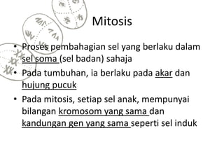 Mitosis
• Proses pembahagian sel yang berlaku dalam
sel soma (sel badan) sahaja
• Pada tumbuhan, ia berlaku pada akar dan
hujung pucuk
• Pada mitosis, setiap sel anak, mempunyai
bilangan kromosom yang sama dan
kandungan gen yang sama seperti sel induk
