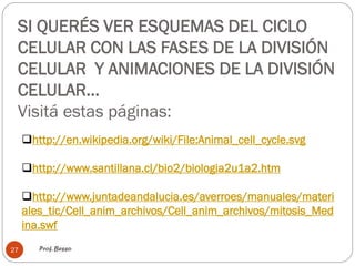 SI QUERÉS VER ESQUEMAS DEL CICLO
CELULAR CON LAS FASES DE LA DIVISIÓN
CELULAR Y ANIMACIONES DE LA DIVISIÓN
CELULAR…
Visitá estas páginas:
Prof. Besso27
http://en.wikipedia.org/wiki/File:Animal_cell_cycle.svg
http://www.santillana.cl/bio2/biologia2u1a2.htm
http://www.juntadeandalucia.es/averroes/manuales/materi
ales_tic/Cell_anim_archivos/Cell_anim_archivos/mitosis_Med
ina.swf
 
