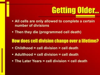 Getting Older…
 All cells are only allowed to complete a certain
number of divisions
 Then they die (programmed cell death)
How does cell division change over a lifetime?
 Childhood = cell division > cell death
 Adulthood = cell division = cell death
 The Later Years = cell division < cell death
 