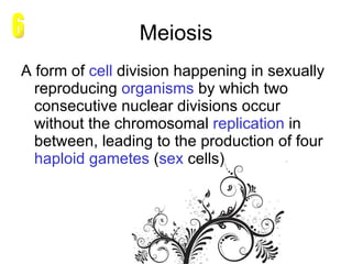 Meiosis A form of  cell   division  happening in sexually reproducing  organisms  by which two consecutive nuclear divisions occur without the chromosomal  replication  in between, leading to the production of four  haploid   gametes  ( sex  cells )  6 