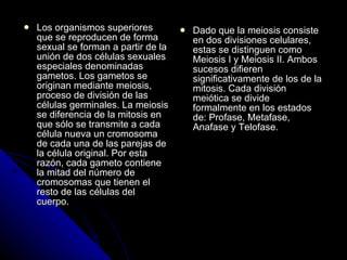Los organismos superiores que se reproducen de forma sexual se forman a partir de la unión de dos células sexuales especiales denominadas gametos. Los gametos se originan mediante meiosis, proceso de división de las células germinales. La meiosis se diferencia de la mitosis en que sólo se transmite a cada célula nueva un cromosoma de cada una de las parejas de la célula original. Por esta razón, cada gameto contiene la mitad del número de cromosomas que tienen el resto de las células del cuerpo.  Dado que la meiosis consiste en dos divisiones celulares, estas se distinguen como Meiosis I y Meiosis II. Ambos sucesos difieren significativamente de los de la mitosis. Cada división meiótica se divide formalmente en los estados de: Profase, Metafase, Anafase y Telofase.  