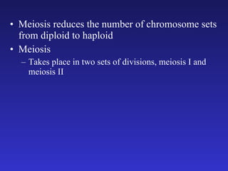 Meiosis reduces the number of chromosome sets from diploid to haploid Meiosis Takes place in two sets of divisions, meiosis I and meiosis II 