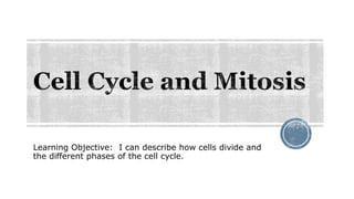 Learning Objective: I can describe how cells divide and
the different phases of the cell cycle.
 