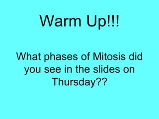 Warm Up!!! 
What phases of Mitosis did 
you see in the slides on 
Thursday?? 
 