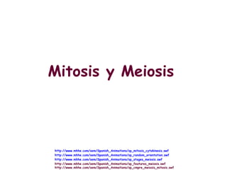 Mitosis y Meiosis




                         http://www.mhhe.com/sem/Spanish_Animations/sp_mitosis_cytokinesis.swf
Dr. Antonio Barbadilla   http://www.mhhe.com/sem/Spanish_Animations/sp_random_orientation.swf
                         http://www.mhhe.com/sem/Spanish_Animations/sp_stages_meiosis.swf
                         http://www.mhhe.com/sem/Spanish_Animations/sp_features_meiosis.swf
                  1      http://www.mhhe.com/sem/Spanish_Animations/sp_cmpre_meiosis_mitosis.swf
 