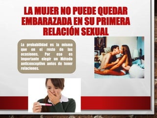 LA MUJER NO PUEDE QUEDAR 
EMBARAZADA EN SU PRIMERA 
RELACIÓN SEXUAL 
La probabilidad es la misma 
que en el resto de las 
ocasiones. Por eso es 
importante elegir un Método 
anticonceptivo antes de tener 
relaciones. 
 