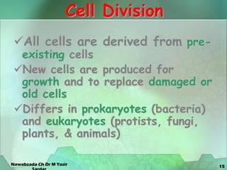 15
Cell Division
All cells are derived from pre-
existing cells
New cells are produced for
growth and to replace damaged or
old cells
Differs in prokaryotes (bacteria)
and eukaryotes (protists, fungi,
plants, & animals)
Nawabzada Ch Dr M Yasir
 