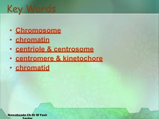 Key Words
• Chromosome
• chromatin
• centriole & centrosome
• centromere & kinetochore
• chromatid
Nawabzada Ch Dr M Yasir
 