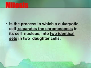 Mitosis
• is the process in which a eukaryotic
cell separates the chromosomes in
its cell nucleus, into two identical
sets in two daughter cells.
 