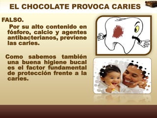 EL CHOCOLATE PROVOCA CARIESFALSO.     Por su alto contenido en fósforo, calcio y agentes antibacterianos, previene las caries.   Como sabemos también una buena higiene bucal es el factor fundamental de protección frente a la caries.