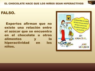 EL CHOCOLATE HACE QUE LOS NIÑOS SEAN HIPERACTIVOSFALSO.Expertos afirman que no existe una relación entre el azúcar que se encuentra en el chocolate u otros alimentos y la hiperactividad en los niños.