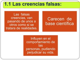 1.1 Las creencias falsas:
Las falsas
creencias, van
pasando de unos a
otros como si se
tratara de realidades.
Carecen de
base científica
Influyen en el
comportamiento de
las
personas, pudiendo
perjudicar su vida.
 