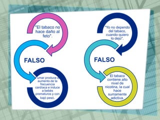 "El tabaco no
hace daño al
feto".
FALSO
Fumar produce el
aumento de la
frecuencia
cardíaca e induce
a bebés
prematuros y con
bajó pesó.
"Yo no dependo
del tabaco,
cuando quiero
lo dejo".
FALSO
El tabaco
contiene alto
nivel de
nicotina, la cual
hace
sumamente
adictiva.
 