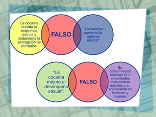 La cocaína
retarda la
respuesta
mental y
distorsiona la
percepción de
estímulos.
FALSO
"La cocaína
aumenta la
agilidad
mental"
"La
cocaína
mejora el
desempeño
sexual".
FALSO
En
consumidores
crónicos sé a
encontrados
disfunciones
eréctiles y en
anorgasmia en
hombres y
mujeres.
 