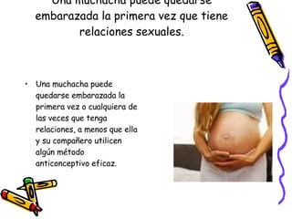 Una muchacha puede quedarse embarazada la primera vez que tiene relaciones sexuales. Una muchacha puede quedarse embarazada la primera vez o cualquiera de las veces que tenga relaciones, a menos que ella y su compañero utilicen algún método anticonceptivo eficaz. 