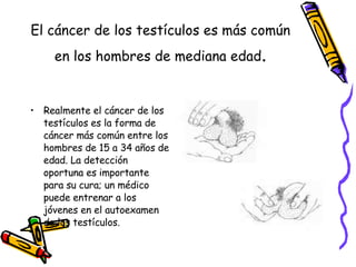 El cáncer de los testículos es más común en los hombres de mediana edad . Realmente el cáncer de los testículos es la forma de cáncer más común entre los hombres de 15 a 34 años de edad. La detección oportuna es importante para su cura; un médico puede entrenar a los jóvenes en el autoexamen de los testículos. 