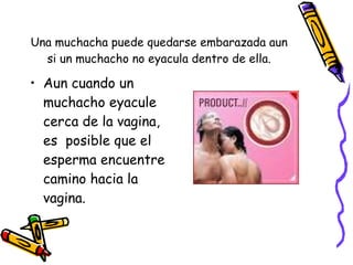 Una muchacha puede quedarse embarazada aun si un muchacho no eyacula dentro de ella. Aun cuando un muchacho eyacule cerca de la vagina, es  posible que el esperma encuentre camino hacia la vagina. 