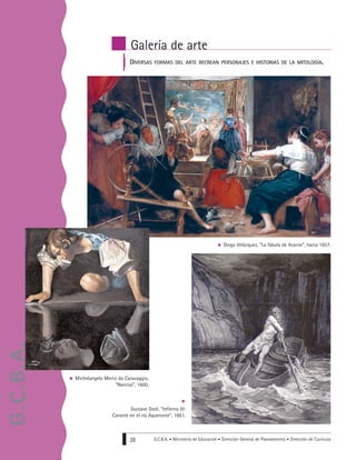 G.C.B.A. • Ministerio de Educación • Dirección General de Planeamiento • Dirección de Currícula28
Galería de arte
DIVERSAS FORMAS DEL ARTE RECREAN PERSONAJES E HISTORIAS DE LA MITOLOGÍA.
Diego Velázquez, “La fábula de Aracne”, hacia 1657.
Michelangelo Merisi da Caravaggio,
“Narciso”, 1600.
Gustave Doré, “Infierno III:
Caronte en el río Aqueronte”, 1861.
G.C.B.A.
 