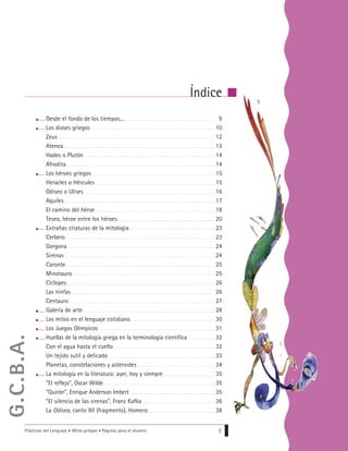 Prácticas del Lenguaje • Mitos griegos • Páginas para el alumno 7
Desde el fondo de los tiempos...
Los dioses griegos
Zeus
Atenea
Hades o Plutón
Afrodita
Los héroes griegos
Heracles o Hércules
Odiseo o Ulises
Aquiles
El camino del héroe
Teseo, héroe entre los héroes
Extrañas criaturas de la mitología
Cerbero
Gorgona
Sirenas
Caronte
Minotauro
Cíclopes
Las ninfas
Centauro
Galería de arte
Los mitos en el lenguaje cotidiano
Los Juegos Olímpicos
Huellas de la mitología griega en la terminología científica
Con el agua hasta el cuello
Un tejido sutil y delicado
Planetas, constelaciones y asteroides
La mitología en la literatura: ayer, hoy y siempre
“El reflejo”, Oscar Wilde
“Quirón”, Enrique Anderson Imbert
“El silencio de las sirenas”, Franz Kafka
La Odisea, canto XII (fragmento), Homero
9
10
12
13
14
14
15
15
16
17
18
20
23
23
24
24
25
25
26
26
27
28
30
31
32
32
33
34
35
35
35
36
38
Índice
G.C.B.A.
 