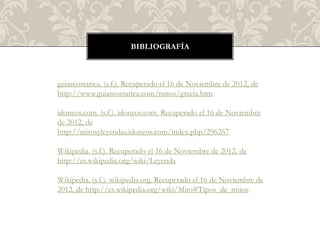 BIBLIOGRAFÍA



guiascostarica. (s.f.). Recuperado el 16 de Noviembre de 2012, de
http://www.guiascostarica.com/mitos/grecia.htm

idoneos.com. (s.f.). idoneos.com. Recuperado el 16 de Noviembre
de 2012, de
http://mitosyleyendas.idoneos.com/index.php/296267

Wikipedia. (s.f.). Recuperado el 16 de Noviembre de 2012, de
http://es.wikipedia.org/wiki/Leyenda

Wikipedia. (s.f.). wikipedia.org. Recuperado el 16 de Noviembre de
2012, de http://es.wikipedia.org/wiki/Mito#Tipos_de_mitos
 