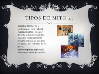 TIPOS DE MITO            2/2

Morales: Hablan de la
existencia del bien y el mal.
Fundacionales: El autor
describe la fundación de las
ciudades, específicamente
apoyando la idea de que esta
fue creada por voluntad de los
dioses.
Escatológicos: Explican lo
relacionado al fin del mundo..
 