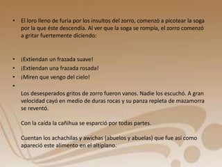 • El loro lleno de furia por los insultos del zorro, comenzó a picotear la soga 
por la que éste descendía. Al ver que la soga se rompía, el zorro comenzó 
a gritar fuertemente diciendo: 
• ¡Extiendan un frazada suave! 
• ¡Extiendan una frazada rosada! 
• ¡Miren que vengo del cielo! 
• 
Los desesperados gritos de zorro fueron vanos. Nadie los escuchó. A gran 
velocidad cayó en medio de duras rocas y su panza repleta de mazamorra 
se reventó. 
Con la caída la cañihua se esparció por todas partes. 
Cuentan los achachilas y awichas (abuelos y abuelas) que fue así como 
apareció este alimento en el altiplano. 
 