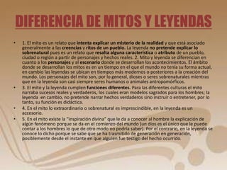 DIFERENCIA DE MITOS Y LEYENDAS 
• 1. El mito es un relato que intenta explicar un misterio de la realidad y que está asociado 
generalmente a las creencias y ritos de un pueblo. La leyenda no pretende explicar lo 
sobrenatural pues es un relato que resalta alguna característica o atributo de un pueblo, 
ciudad o región a partir de personajes y hechos reales. 2. Mito y leyenda se diferencian en 
cuanto a los personajes y al escenario donde se desarrollan los acontecimientos. El ámbito 
donde se desarrollan los mitos es en un tiempo en el que el mundo no tenía su forma actual, 
en cambio las leyendas se ubican en tiempos más modernos o posteriores a la creación del 
mundo. Los personajes del mito son, por lo general, dioses o seres sobrenaturales mientras 
que en la leyenda son casi siempre seres humanos o animales antropomórficos. 
• 3. El mito y la leyenda cumplen funciones diferentes. Para las diferentes culturas el mito 
narraba sucesos reales y verdaderos, los cuales eran modelos sagrados para los hombres; la 
leyenda en cambio, no pretende narrar hechos verdaderos sino instruir o entretener, por lo 
tanto, su función es didáctica. 
• 4. En el mito lo extraordinario o sobrenatural es imprescindible, en la leyenda es un 
accesorio. 
• 5. En el mito existe la “inspiración divina” que le da a conocer al hombre la explicación de 
algún fenómeno porque se da en el comienzo del mundo (un dios es el único que le puede 
contar a los hombres lo que de otro modo no podría saber). Por el contrario, en la leyenda se 
conoce lo dicho porque se sabe que se ha trasmitido de generación en generación, 
posiblemente desde el instante en que alguien fue testigo del hecho ocurrido. 
 
