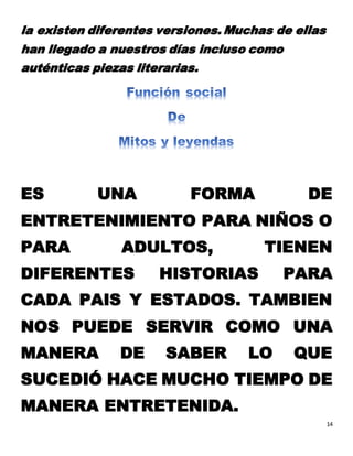 14
la existen diferentes versiones. Muchas de ellas
han llegado a nuestros días incluso como
auténticas piezas literarias.
ES UNA FORMA DE
ENTRETENIMIENTO PARA NIÑOS O
PARA ADULTOS, TIENEN
DIFERENTES HISTORIAS PARA
CADA PAIS Y ESTADOS. TAMBIEN
NOS PUEDE SERVIR COMO UNA
MANERA DE SABER LO QUE
SUCEDIÓ HACE MUCHO TIEMPO DE
MANERA ENTRETENIDA.
 