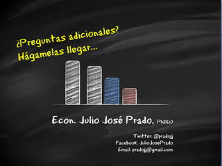 ¿Preguntas adicionales?
Hágamelas llegar…
Econ. Julio José Prado, PhD(c)
Twitter: @pradojj
Facebook: JulioJosePrado
Email:...