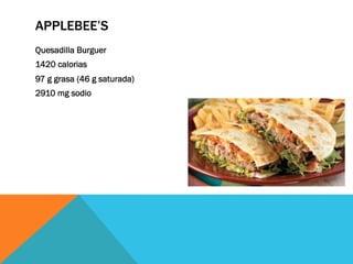 APPLEBEE’S
Quesadilla Burguer
1420 calorias
97 g grasa (46 g saturada)
2910 mg sodio
 