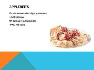 APPLEBEE’S
Fettuccine con albondigas y provolone
1,550 calorias
97 g grasa (46 g saturada)
3,910 mg sodio
 