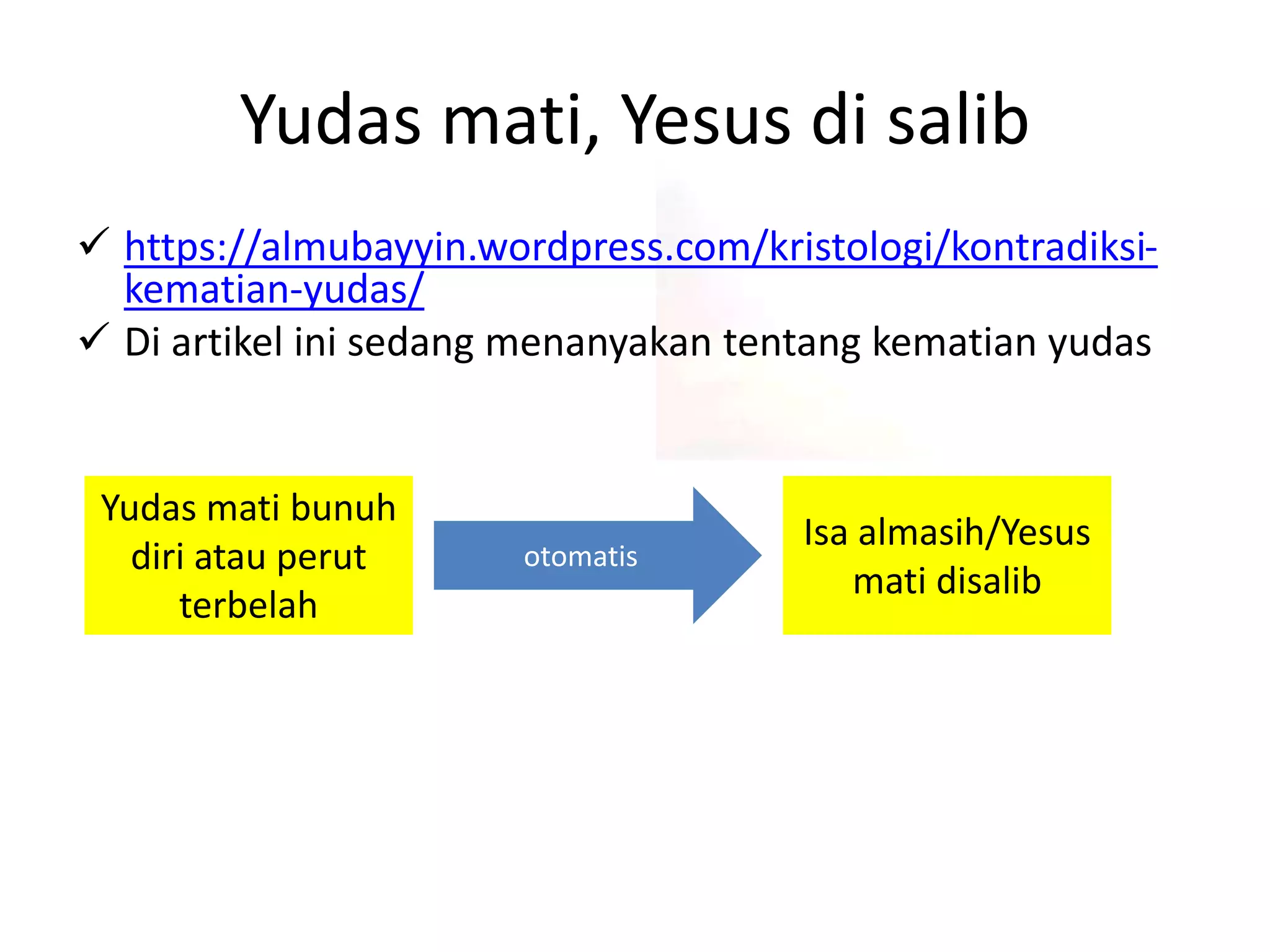 Yudas mati, Yesus di salib
 https://almubayyin.wordpress.com/kristologi/kontradiksi-
kematian-yudas/
 Di artikel ini sedang menanyakan tentang kematian yudas
Isa almasih/Yesus
mati disalib
Yudas mati bunuh
diri atau perut
terbelah
otomatis
 